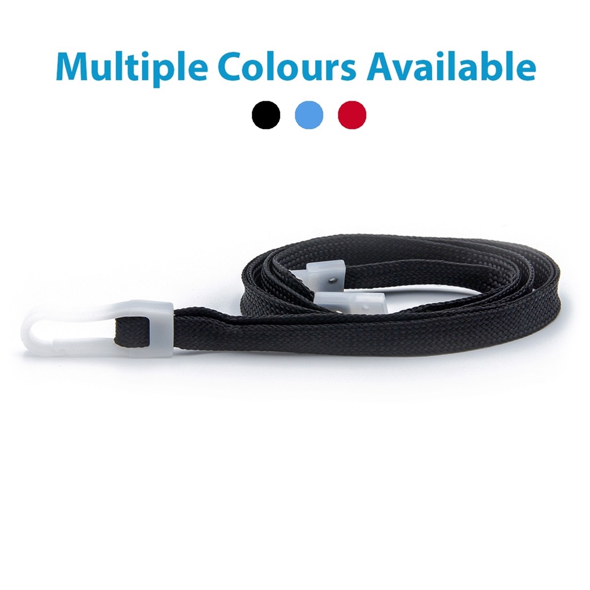 black plain economy lanyard with plastic hook and plastic breakaway showing available colours