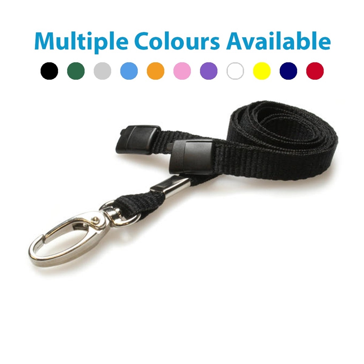 black plain lanyard with a metal hook and plastic breakaway showing multiple colours available