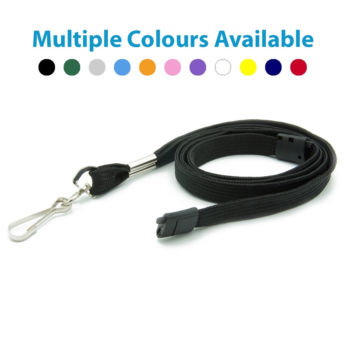 black plain 10mm premium lanyard with a metal hook and plastic breakaway showing multiple colours available