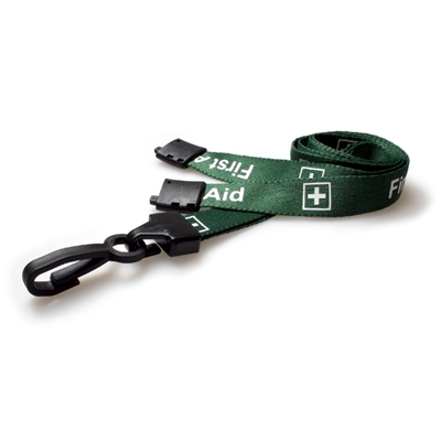 green first aider pre printed lanyard with plastic hook and breakaway